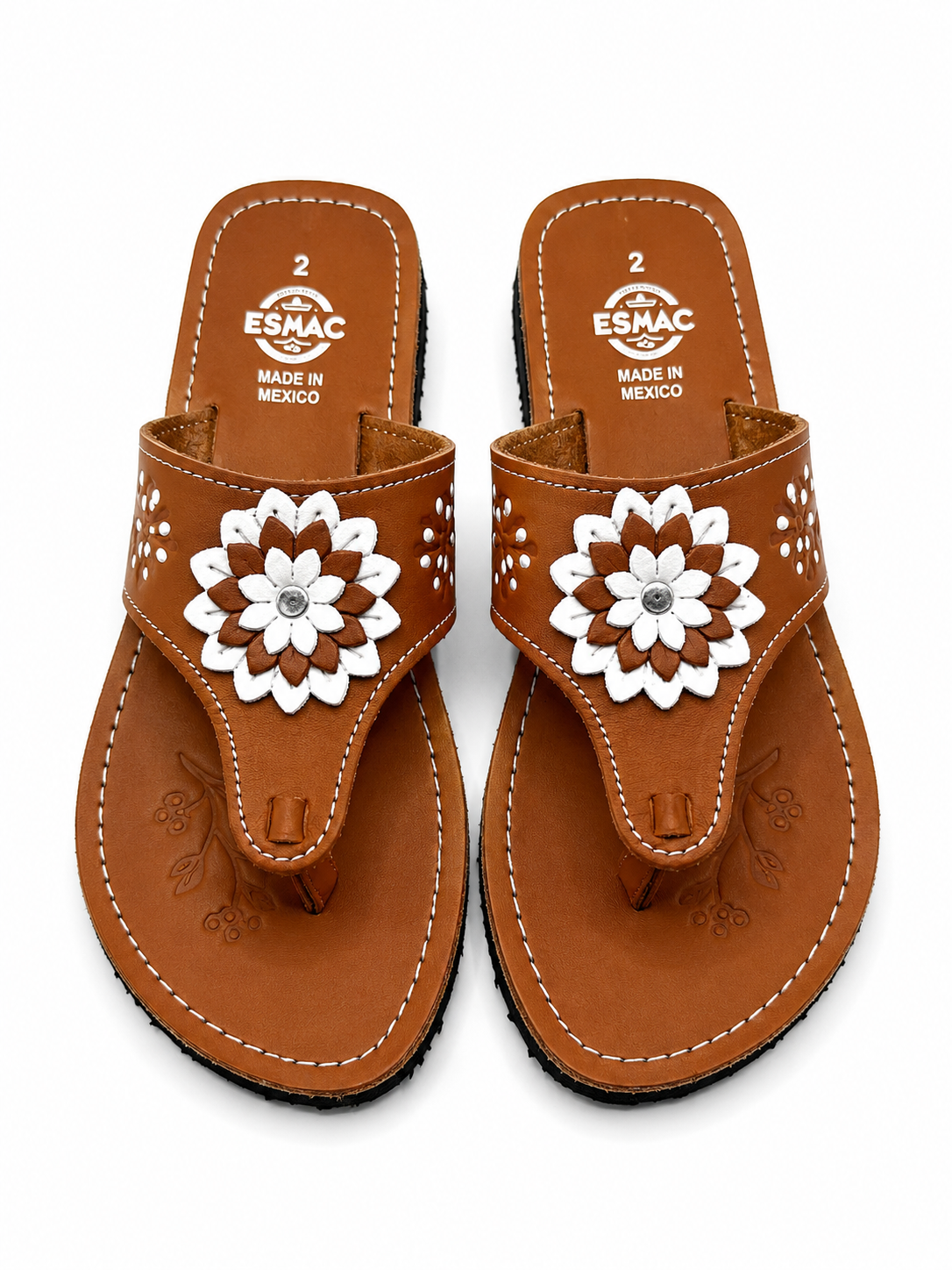ESMAC Confort Canela | Sandalia ligera café con flor blanca