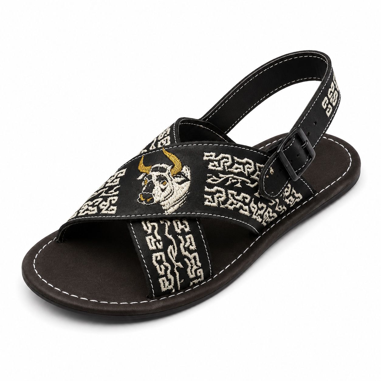 Sandalia Bordado Toro y Grecas - Negro