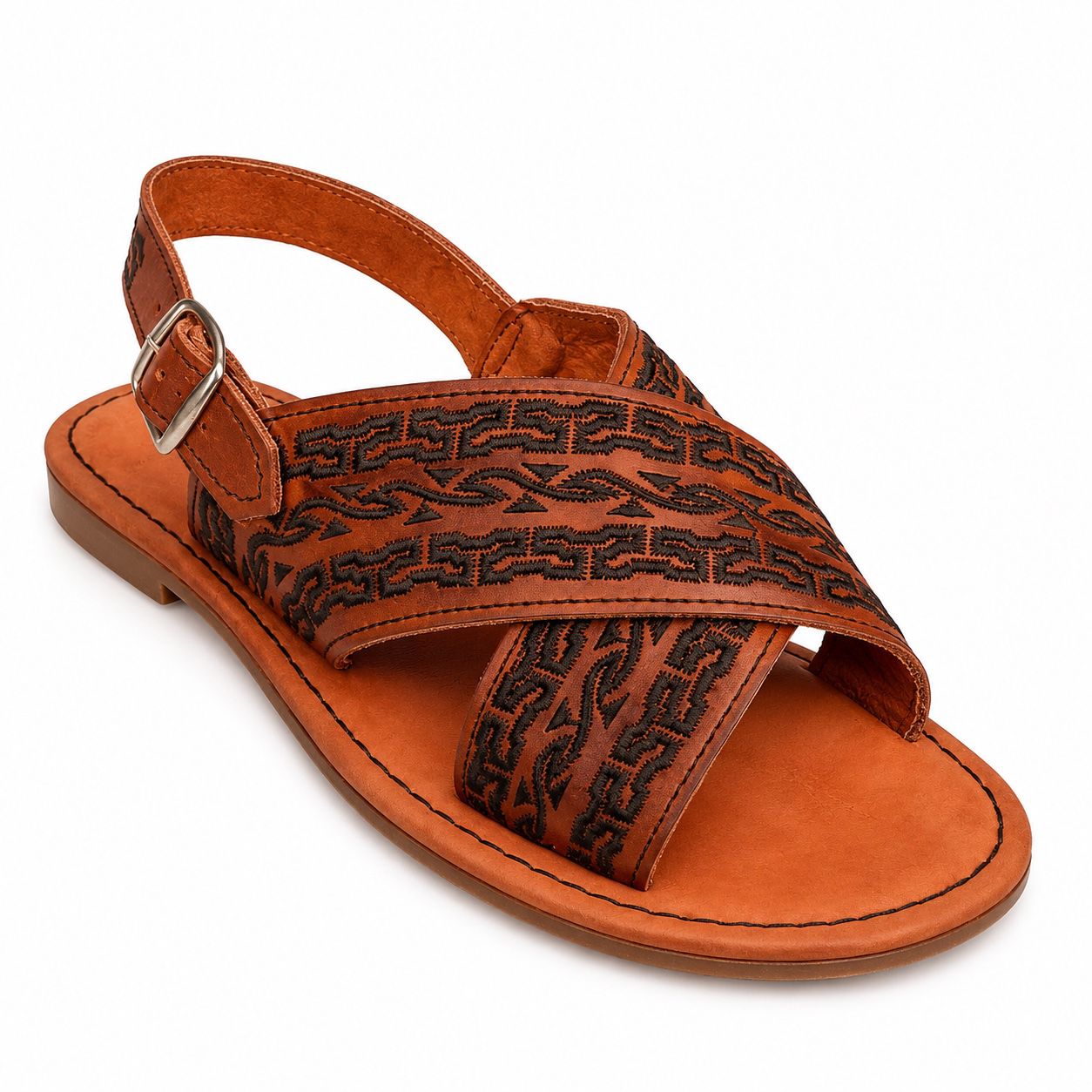 Sandalia Artesanal Bordado Tonal - Castaño Oscuro