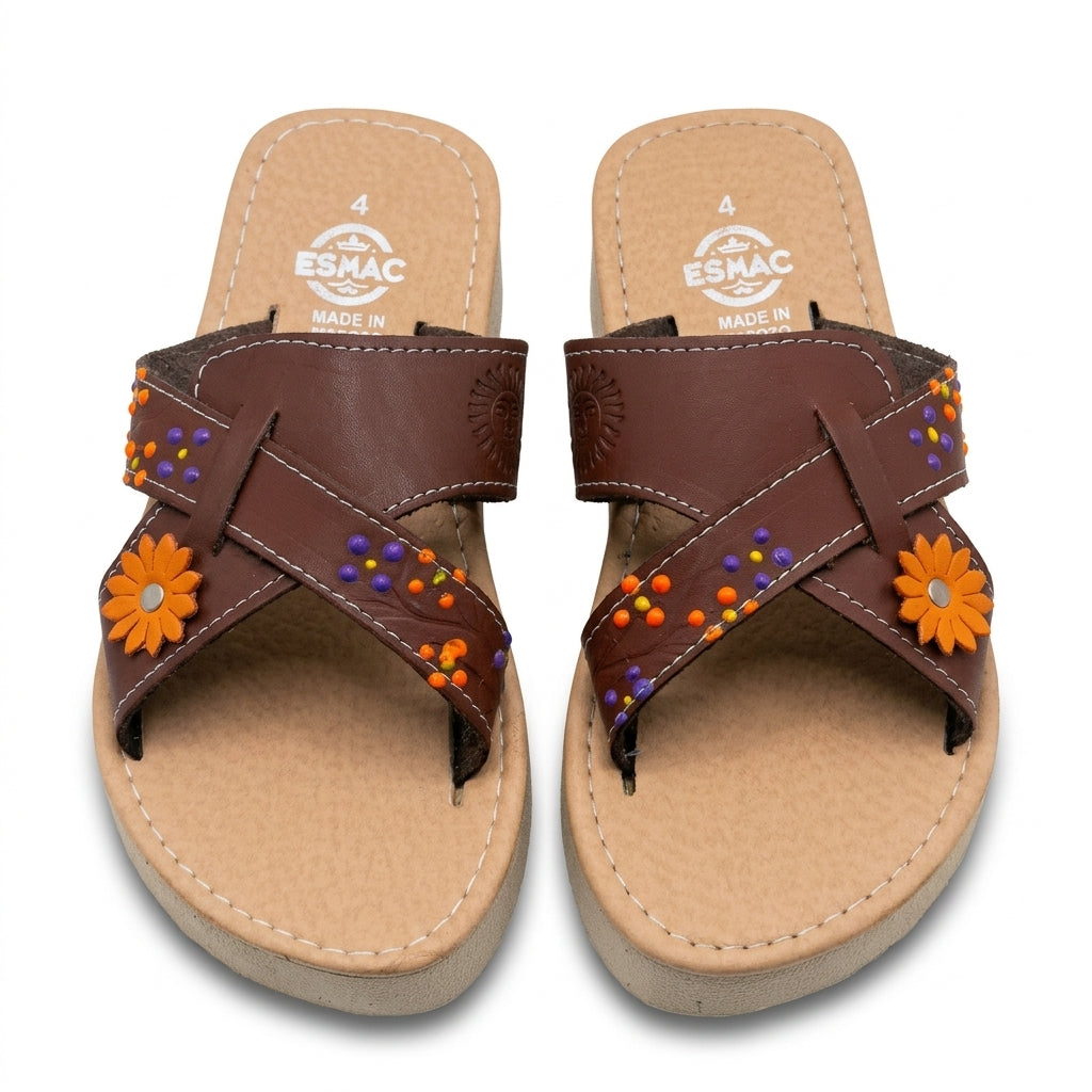 ESMAC Confort Toscana | Huarache ligero cruzado café con flor naranja